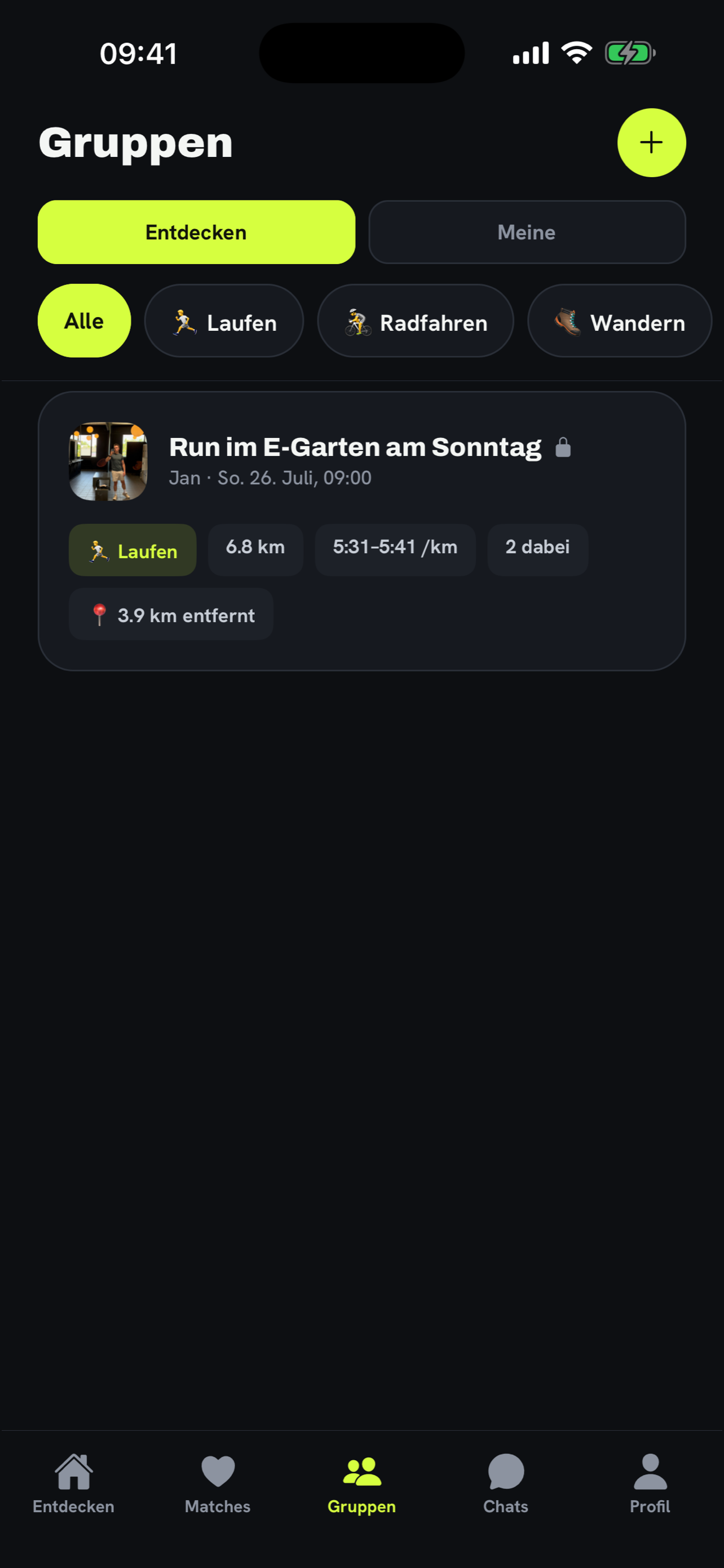 PaceMate Gruppen-Sessions mit Filtern für Laufen, Radfahren und Wandern